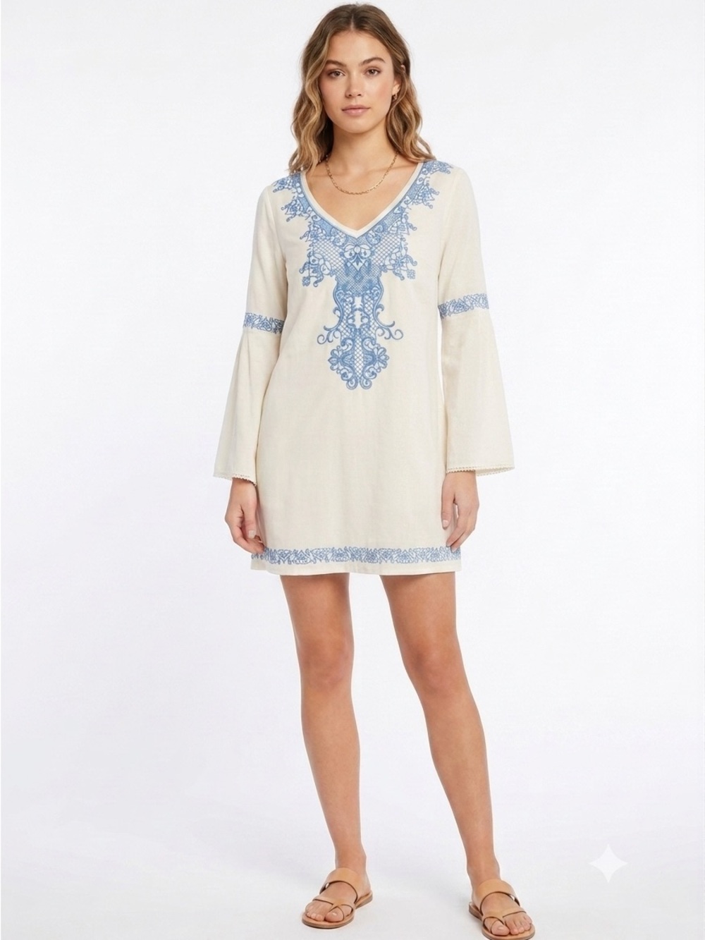 Flying Tomato Embroidered V-Neck Bell Sleeve Mini Dress Boho Festival Flowy S
